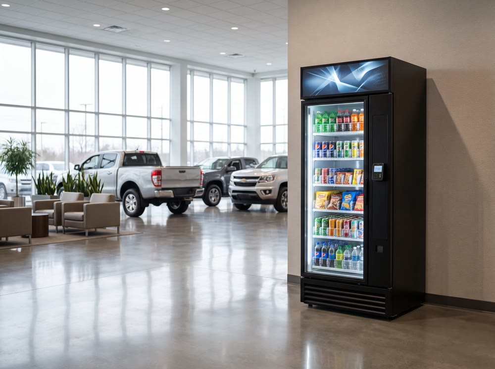 Concept render: On Point smart cooler in a car dealership showroom with new trucks