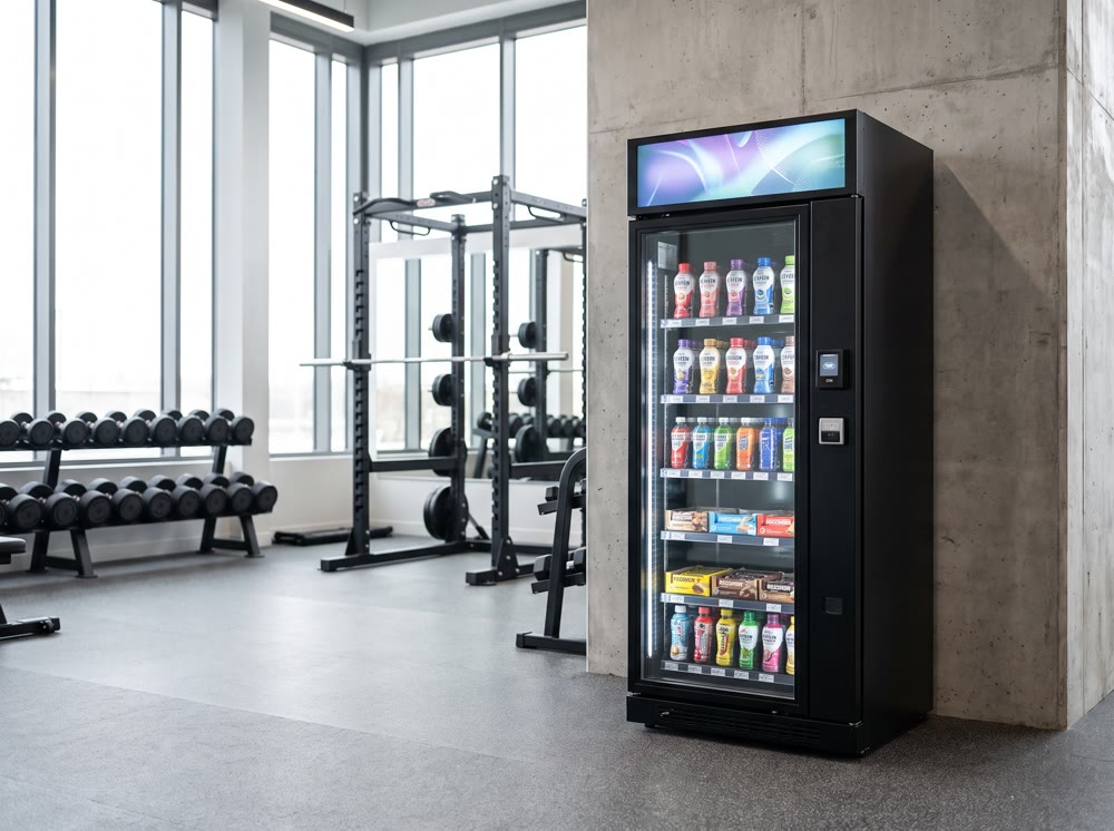 Concept render: beverage smart cooler in a fitness center with sports drinks and protein
