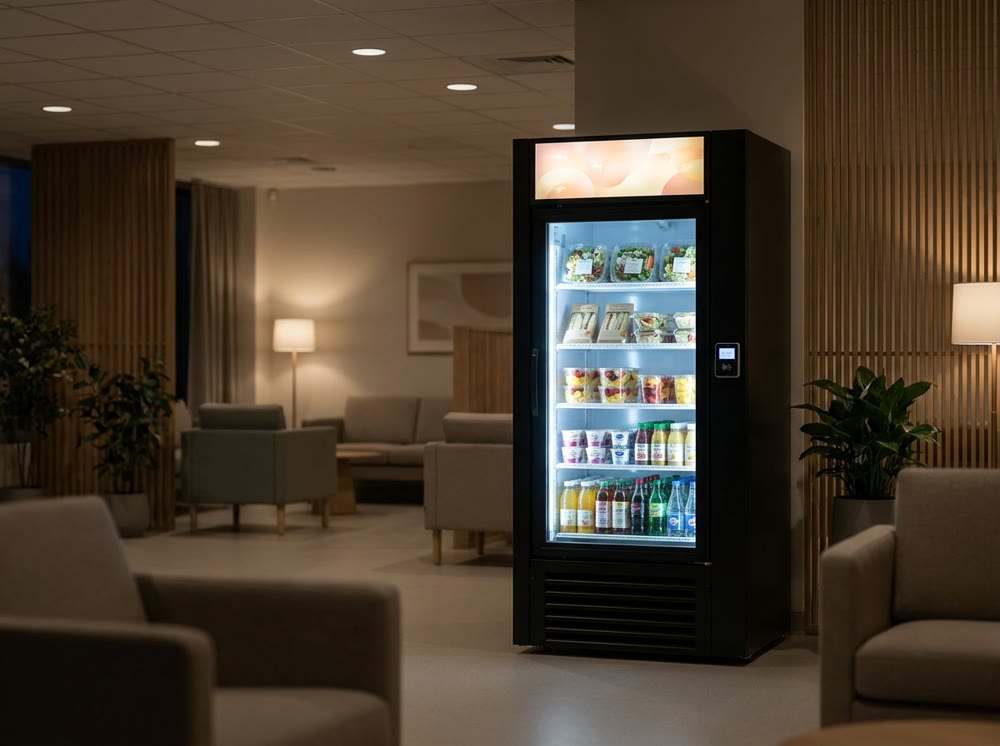 Concept render: smart cooler glowing in a dark healthcare lounge, running around the clock