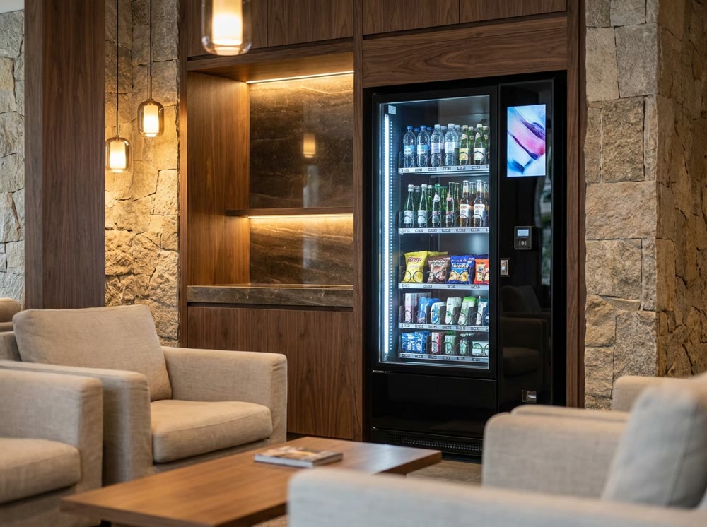 Concept render: refreshment corner with smart coolers in an upscale hotel lobby