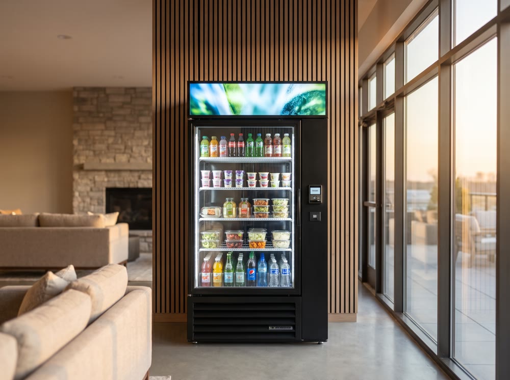 Concept render: On Point smart cooler in an upscale clubhouse at sunset